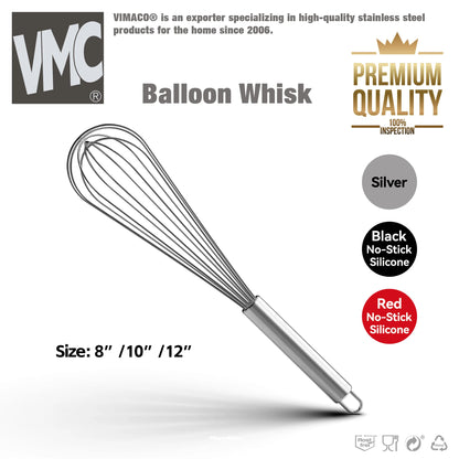 VIMACO® Balloon Whisk Stainless Steel 304 18/8 Wire Beater 8"10"12" Kitchen Cooking Tool  No-Stick for Egg