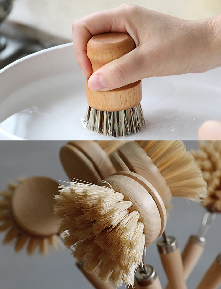 Bamboo Kitchen Cleaning Brush Natural Dishes Pots Pans Sink Washing Brush Eco-friendly Clean Scrubber with Draining Storage Tray