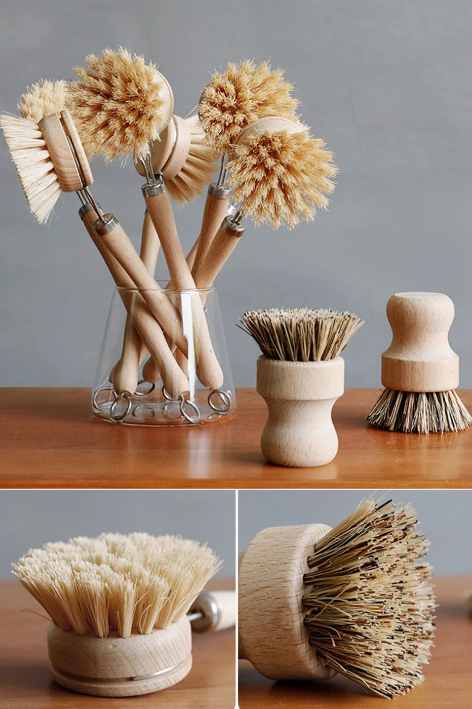 Bamboo Kitchen Cleaning Brush Natural Dishes Pots Pans Sink Washing Brush Eco-friendly Clean Scrubber with Draining Storage Tray