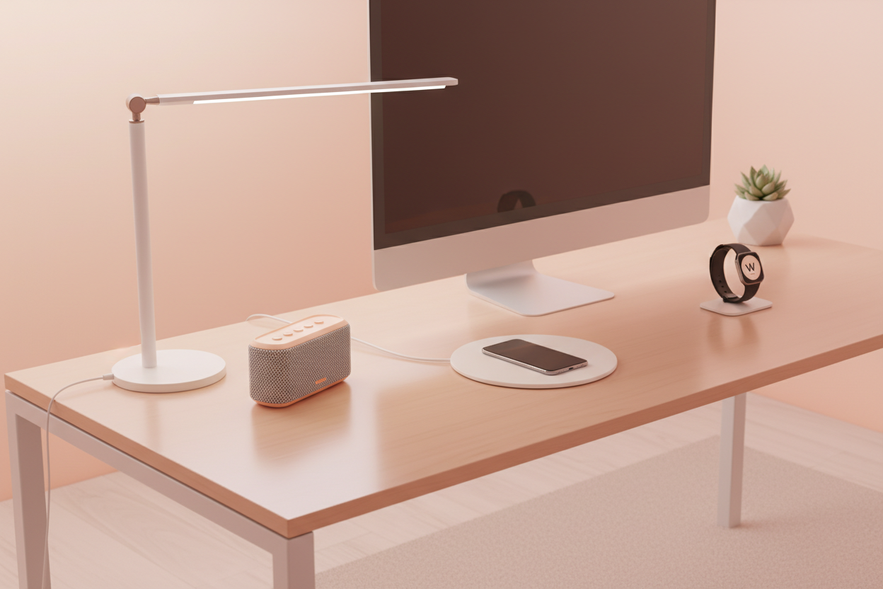 Clean Tech Workspace

“Minimal office desk setup with trending tech gadgets: wireless charger, LED desk lamp, bluetooth speaker, smartwatch, soft ambient lighting, peach-tone reflections to match website theme, ultra clean, modern, 4K.”