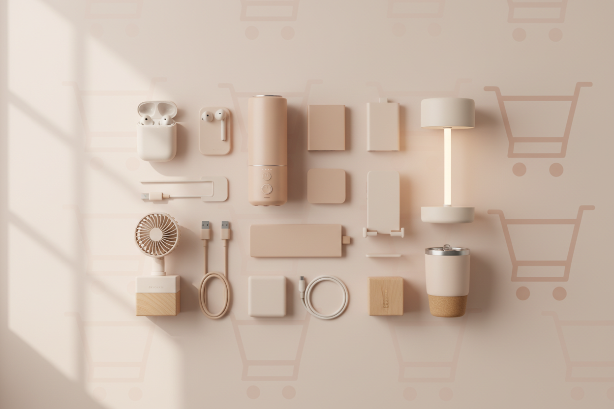 “Create a modern, minimalist Shopify banner background featuring lifestyle and smart tech gadgets arranged neatly on a clean surface. Soft peach and beige tones that match an aesthetic similar to Trendorio Shop. Include subtle shopping-cart or geometric patterns in the background. No text, no branding, no people, just a clean, premium flat-lay composition of gadgets like earbuds, portable blenders, mini fans, LED lamps, phone accessories, and small home essentials. Soft natural lighting, high resolution, pr