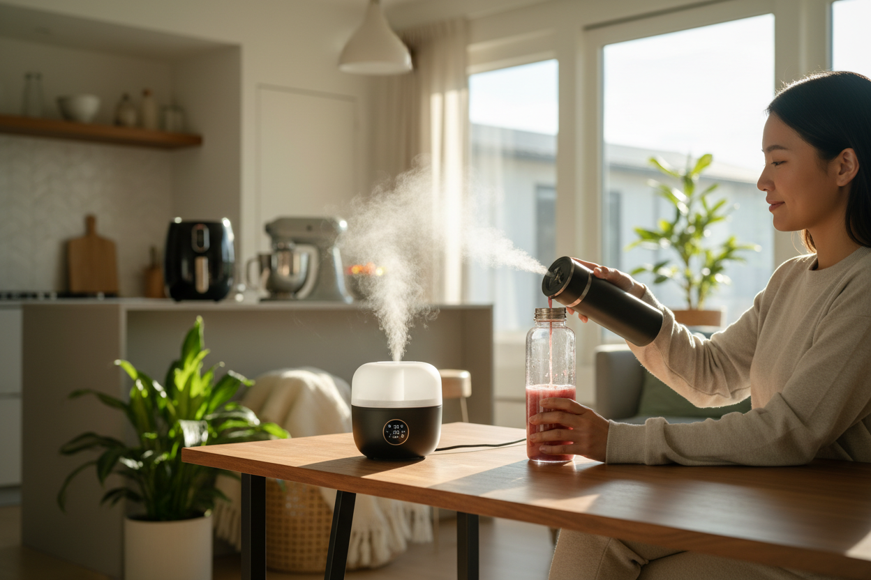 Lifestyle Gadgets in Use

“A person using modern lifestyle gadgets: portable blender, smart bottle, mini humidifier, kitchen gadget in background, bright natural light, cozy home setting, visually balanced, premium photography, 4K.”