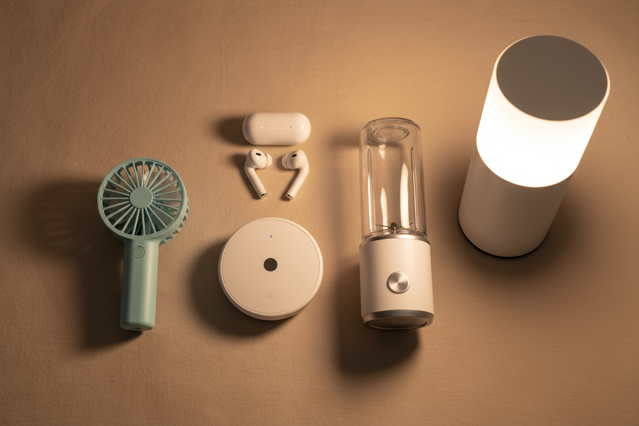 Modern Gadget Flatlay

“A clean minimal flatlay of modern lifestyle gadgets on a neutral beige surface: wireless earbuds, smart home sensor, mini handheld fan, portable blender, LED touch lamp, arranged aesthetically with soft shadows, warm lighting, ultra-realistic, premium look, 4K.”