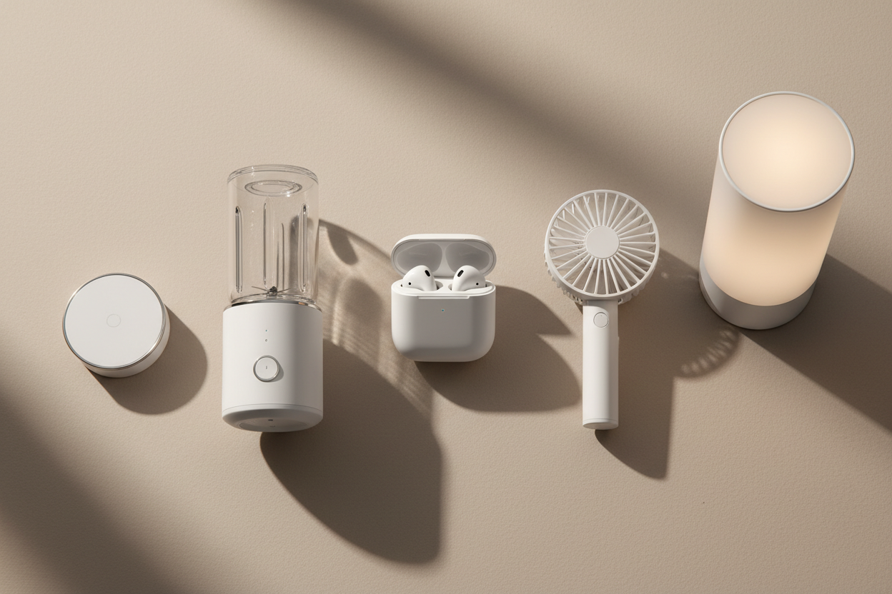 Modern Gadget Flatlay

“A clean minimal flatlay of modern lifestyle gadgets on a neutral beige surface: wireless earbuds, smart home sensor, mini handheld fan, portable blender, LED touch lamp, arranged aesthetically with soft shadows, warm lighting, ultra-realistic, premium look, 4K.”